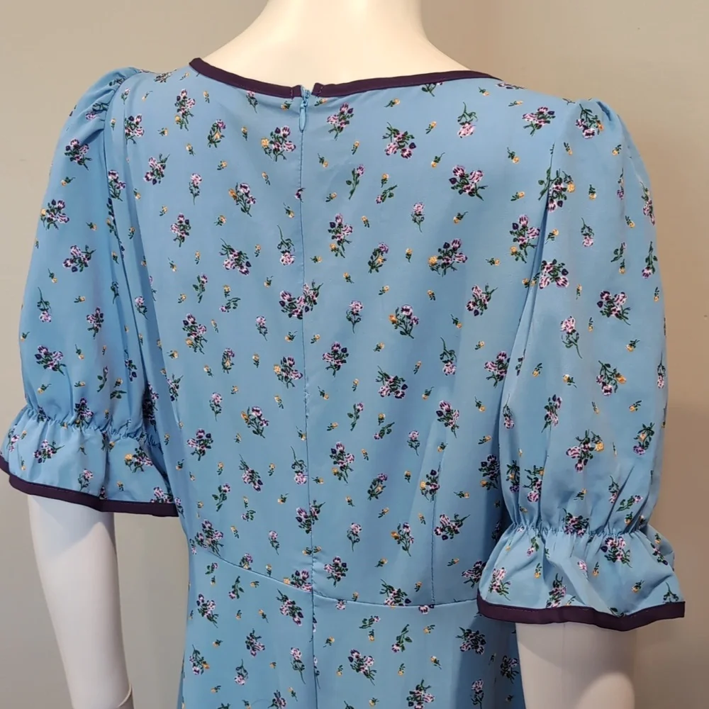SHEIN Blue And Purple Floral Sweetheart Neckline Short Sleeve Midi Maxi Dress L